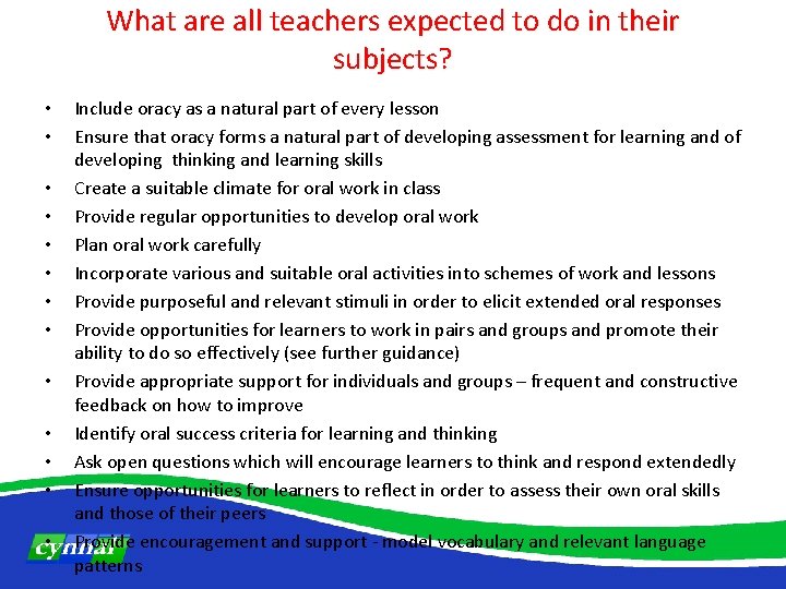 What are all teachers expected to do in their subjects? • • • •