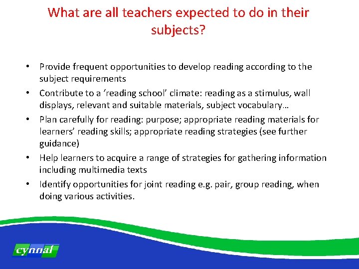 What are all teachers expected to do in their subjects? • Provide frequent opportunities