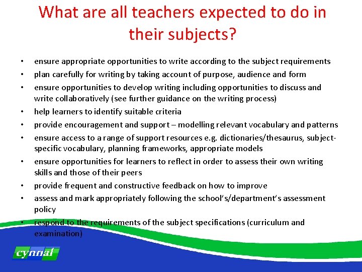 What are all teachers expected to do in their subjects? • • • ensure