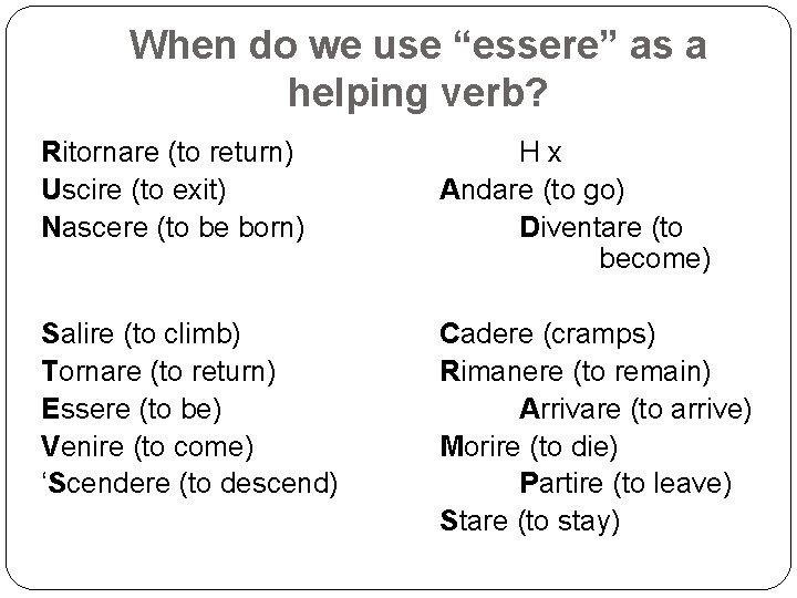 When do we use “essere” as a helping verb? Ritornare (to return) Uscire (to