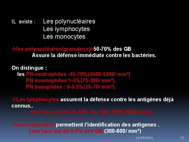 IL existe : Les polynucléaires Les lymphocytes Les monocytes les polynucléaires(granuleux)=50 -70% des GB