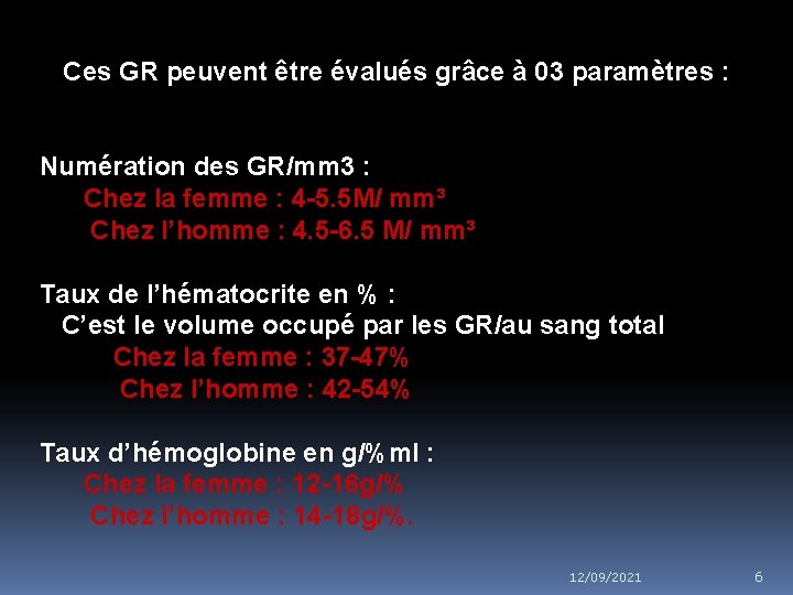 Ces GR peuvent être évalués grâce à 03 paramètres : Numération des GR/mm 3