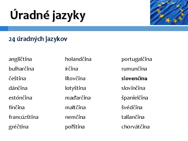Úradné jazyky 24 úradných jazykov angličtina holandčina portugalčina bulharčina írčina rumunčina čeština litovčina slovenčina