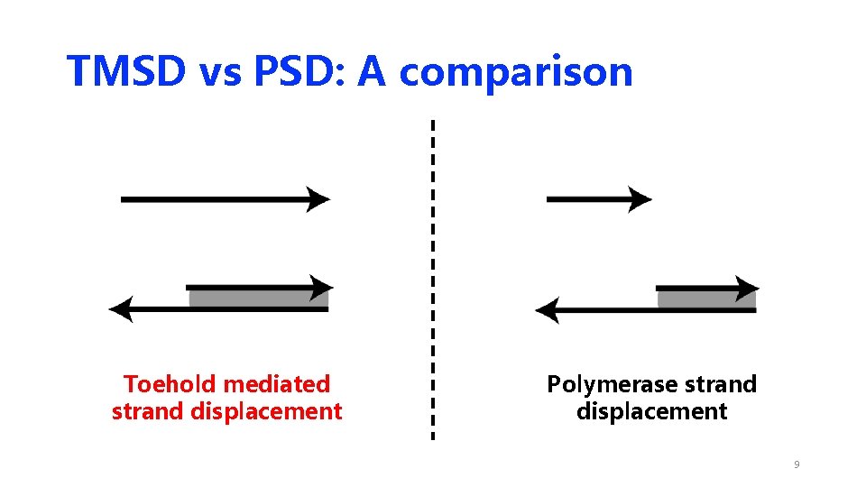 TMSD vs PSD: A comparison Toehold mediated strand displacement Polymerase strand displacement 9 TMSD vs PSD: A comparison Toehold mediated strand displacement Polymerase strand displacement 9