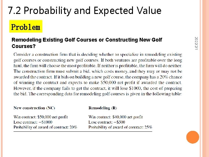 7. 2 Probability and Expected Value Problem 2022/2/1 Remodeling Existing Golf Courses or Constructing