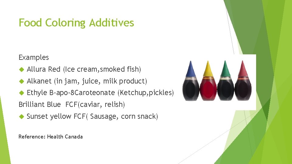 Food Coloring Additives Examples Allura Red (Ice cream, smoked fish) Alkanet (in jam, juice,