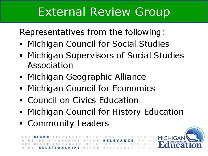 External Review Group Representatives from the following: § Michigan Council for Social Studies § External Review Group Representatives from the following: § Michigan Council for Social Studies §