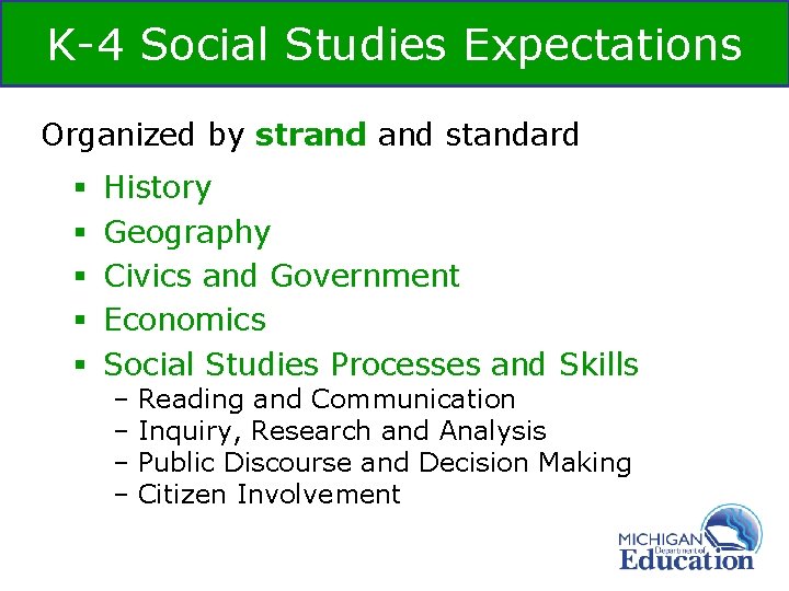 K-4 Social Studies Expectations Organized by strand standard § § § History Geography Civics K-4 Social Studies Expectations Organized by strand standard § § § History Geography Civics
