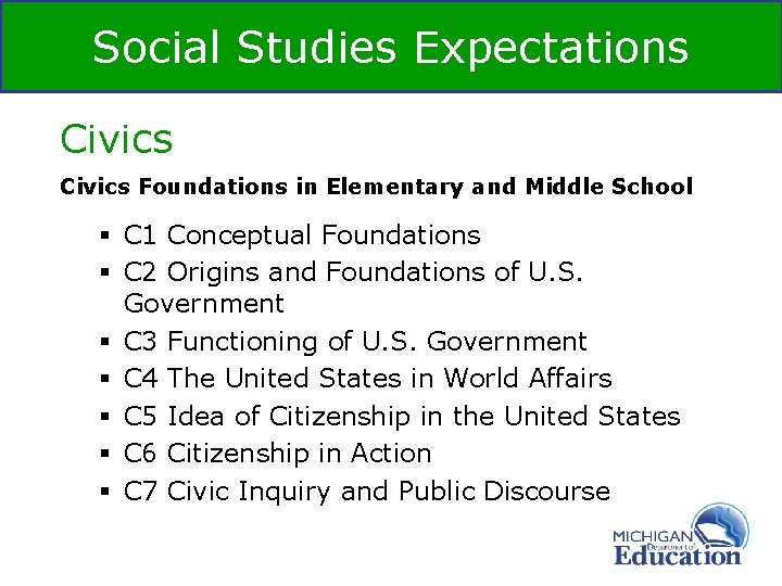 Social Studies Expectations Civics Foundations in Elementary and Middle School § C 1 Conceptual Social Studies Expectations Civics Foundations in Elementary and Middle School § C 1 Conceptual