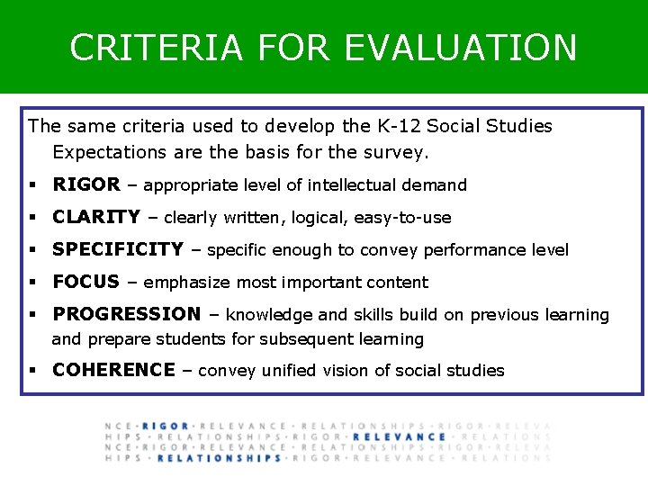 CRITERIA FOR EVALUATION The same criteria used to develop the K-12 Social Studies Expectations CRITERIA FOR EVALUATION The same criteria used to develop the K-12 Social Studies Expectations