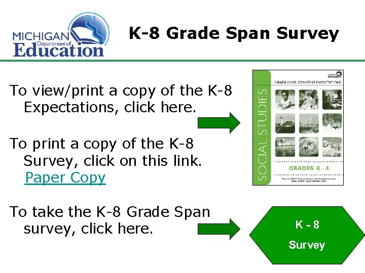 K-8 Grade Span Survey To view/print a copy of the K-8 Expectations, click here. K-8 Grade Span Survey To view/print a copy of the K-8 Expectations, click here.