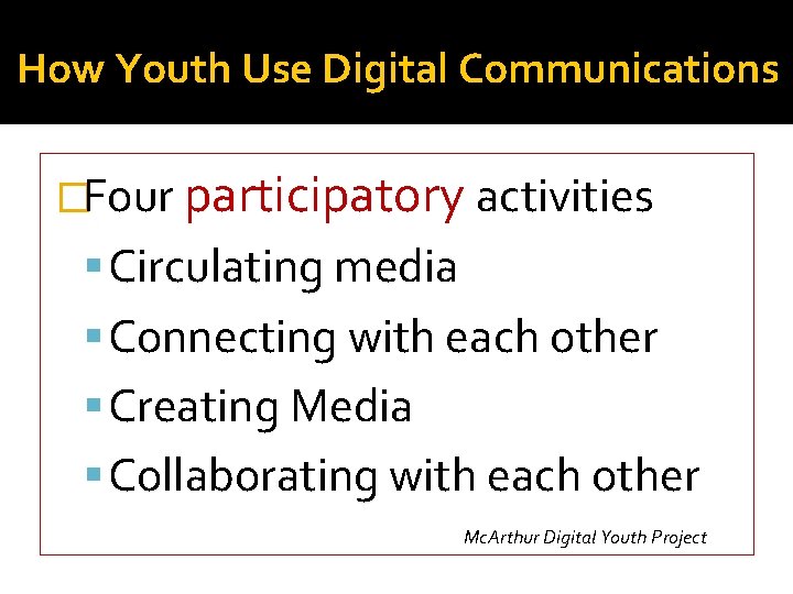How Youth Use Digital Communications �Four participatory activities Circulating media Connecting with each other