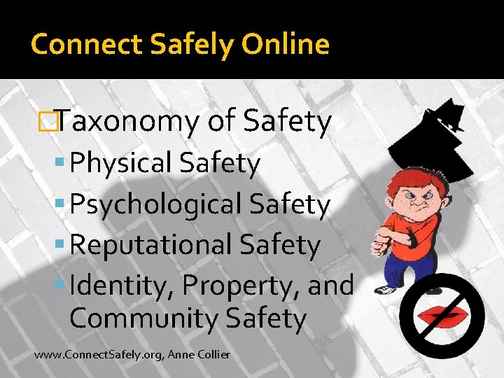 Connect Safely Online �Taxonomy of Safety Physical Safety Psychological Safety Reputational Safety Identity, Property,