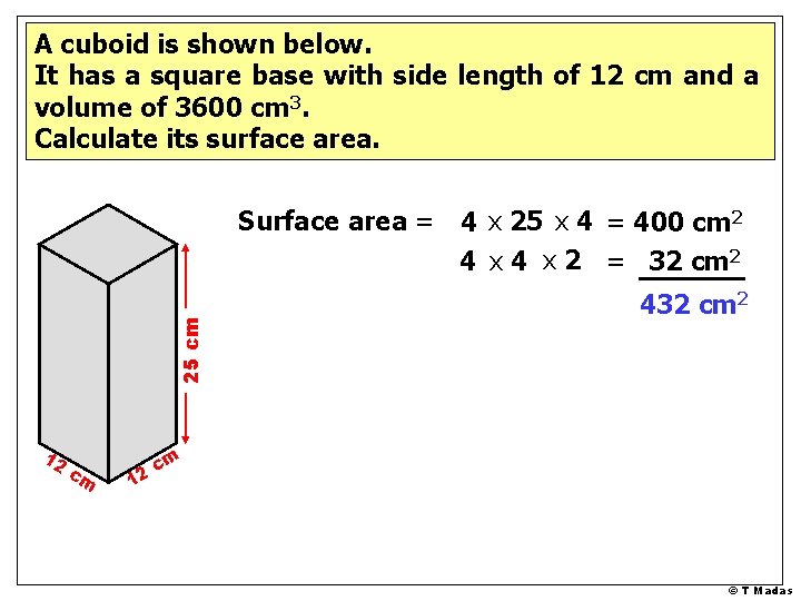 A cuboid is shown below. It has a square base with side length of