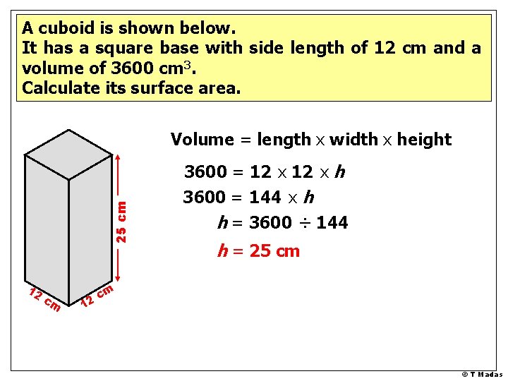 A cuboid is shown below. It has a square base with side length of