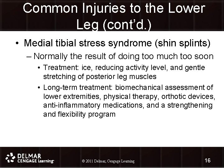 Common Injuries to the Lower Leg (cont’d. ) • Medial tibial stress syndrome (shin