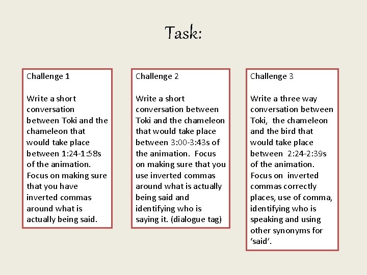 Task: Challenge 1 Challenge 2 Challenge 3 Write a short conversation between Toki and