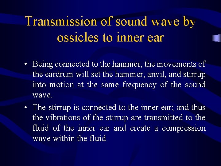 Transmission of sound wave by ossicles to inner ear • Being connected to the