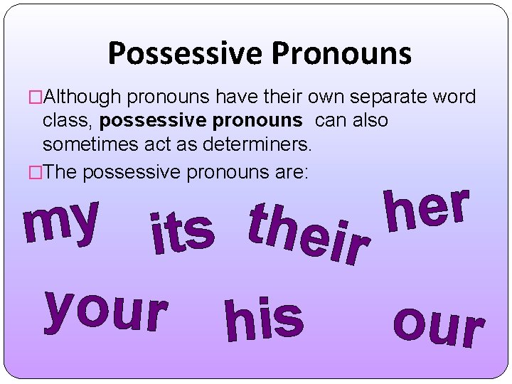 Possessive Pronouns �Although pronouns have their own separate word class, possessive pronouns can also