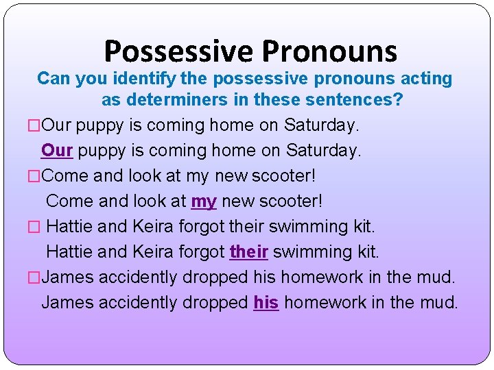 Possessive Pronouns Can you identify the possessive pronouns acting as determiners in these sentences?