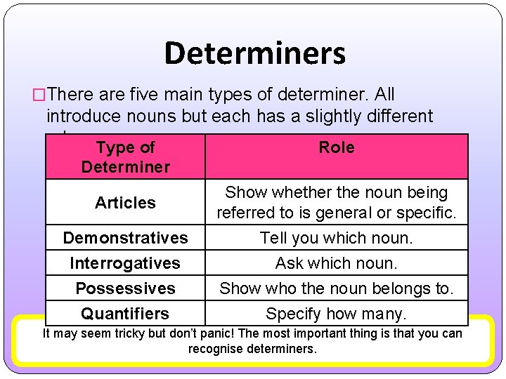 Determiners �There are five main types of determiner. All introduce nouns but each has