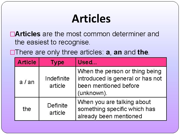 Articles �Articles are the most common determiner and the easiest to recognise. �There are