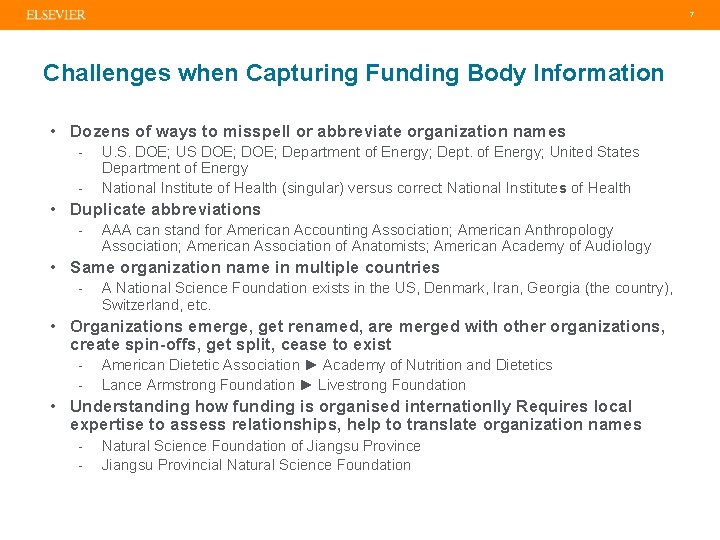 7 Challenges when Capturing Funding Body Information • Dozens of ways to misspell or