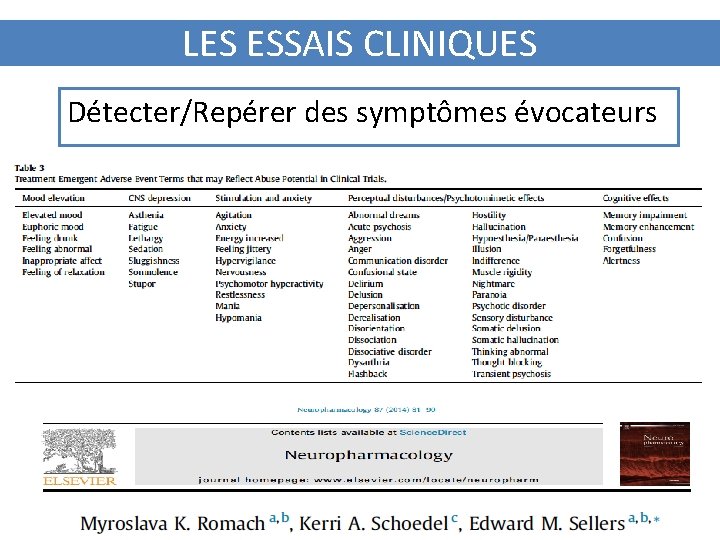 LES ESSAIS CLINIQUES Détecter/Repérer des symptômes évocateurs 