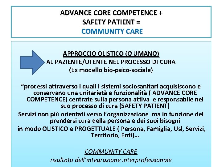 ADVANCE CORE COMPETENCE + SAFETY PATIENT = COMMUNITY CARE APPROCCIO OLISTICO (O UMANO) AL