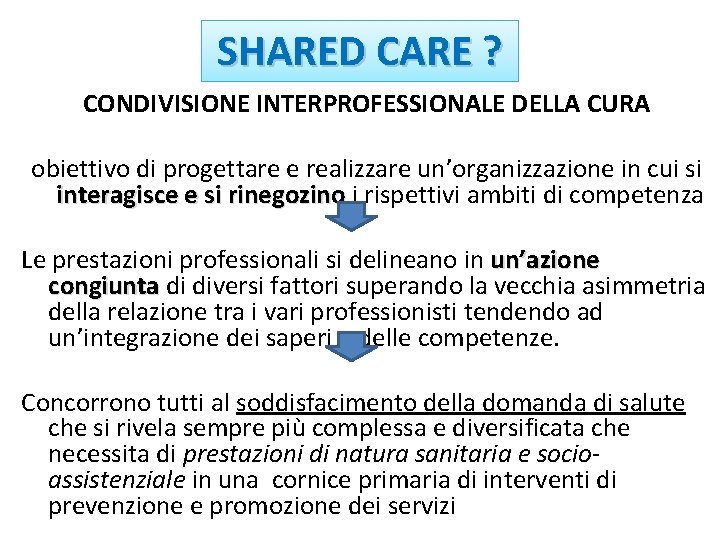 SHARED CARE ? CONDIVISIONE INTERPROFESSIONALE DELLA CURA obiettivo di progettare e realizzare un’organizzazione in