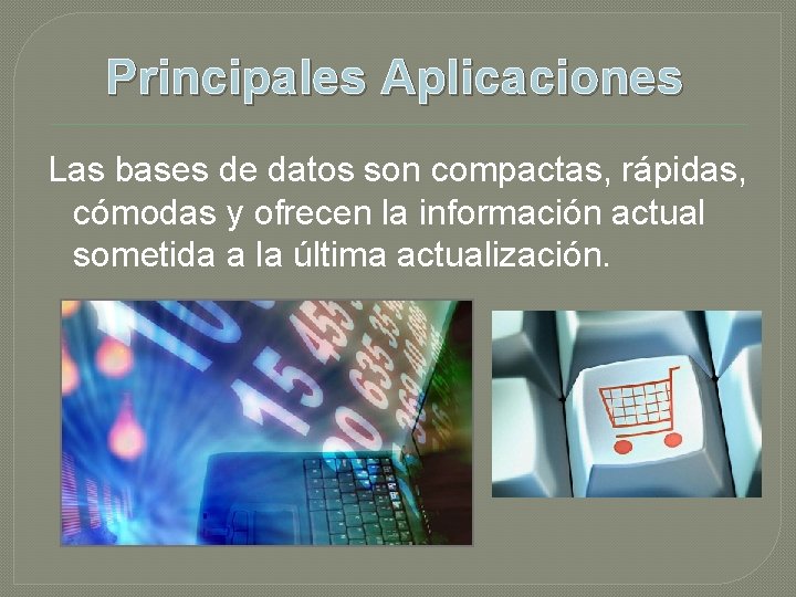 Principales Aplicaciones Las bases de datos son compactas, rápidas, cómodas y ofrecen la información