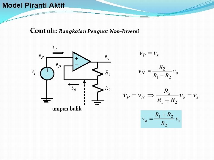 Model Piranti Aktif Contoh: Rangkaian Penguat Non-Inversi i. P vs + v. N +