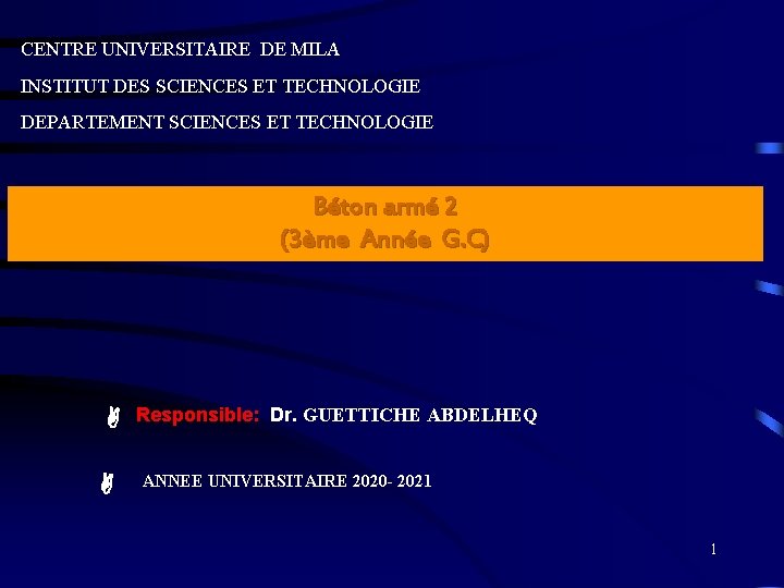 CENTRE UNIVERSITAIRE DE MILA INSTITUT DES SCIENCES ET