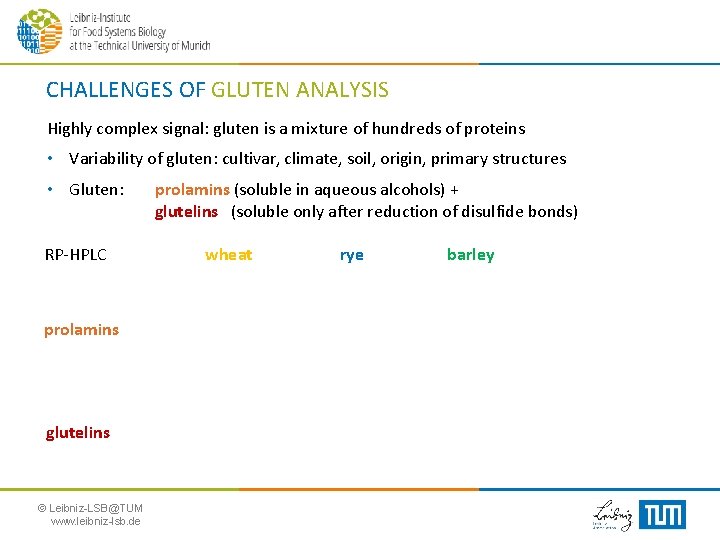 CHALLENGES OF GLUTEN ANALYSIS Highly complex signal: gluten is a mixture of hundreds of