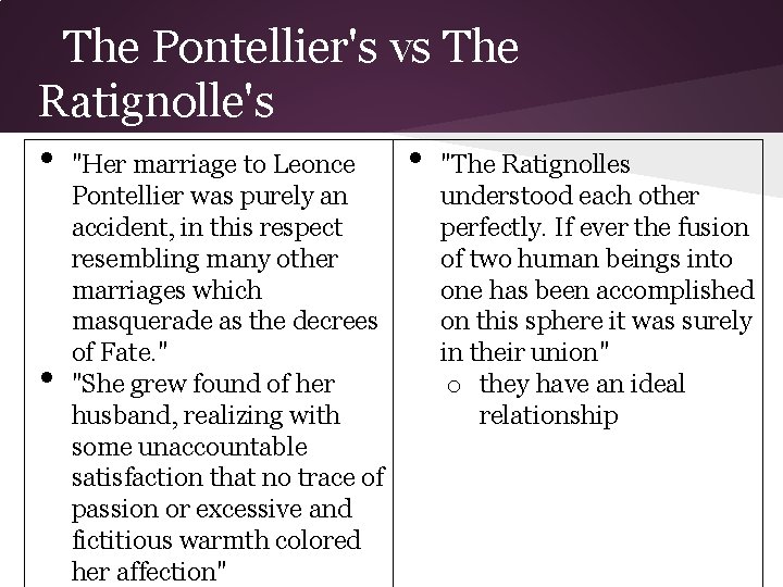 The Pontellier's vs The Ratignolle's • "Her marriage to Leonce • "The Ratignolles •