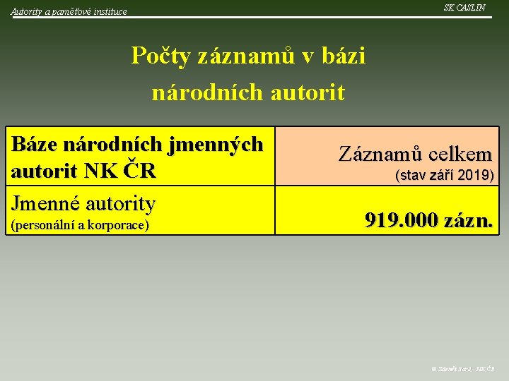 SK CASLIN Autority a paměťové instituce Počty záznamů v bázi národních autorit Báze národních