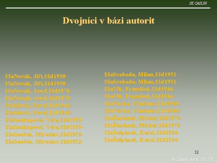 SK CASLIN Dvojníci v bázi autorit $$a. Novák, Jiří, $$d 1950$$a. Novák, Josef, $$d