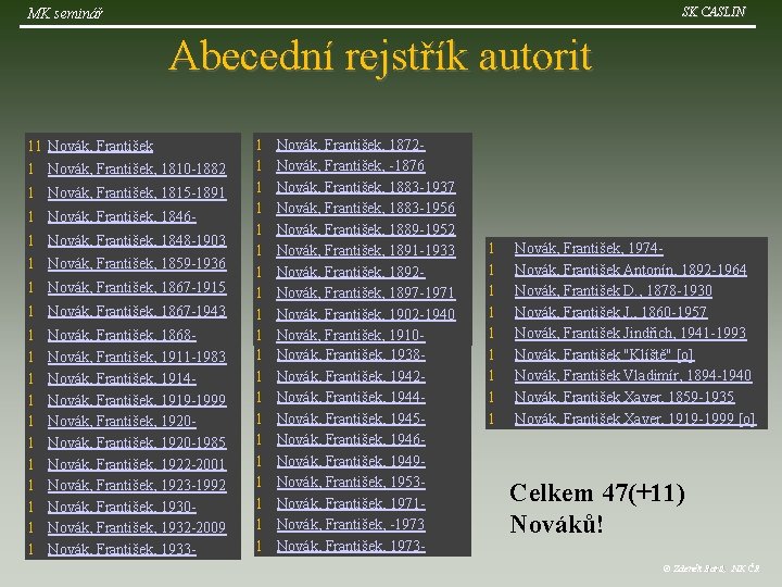 SK CASLIN MK seminář Abecední rejstřík autorit 11 Novák, František, 1810 -1882 1 Novák,