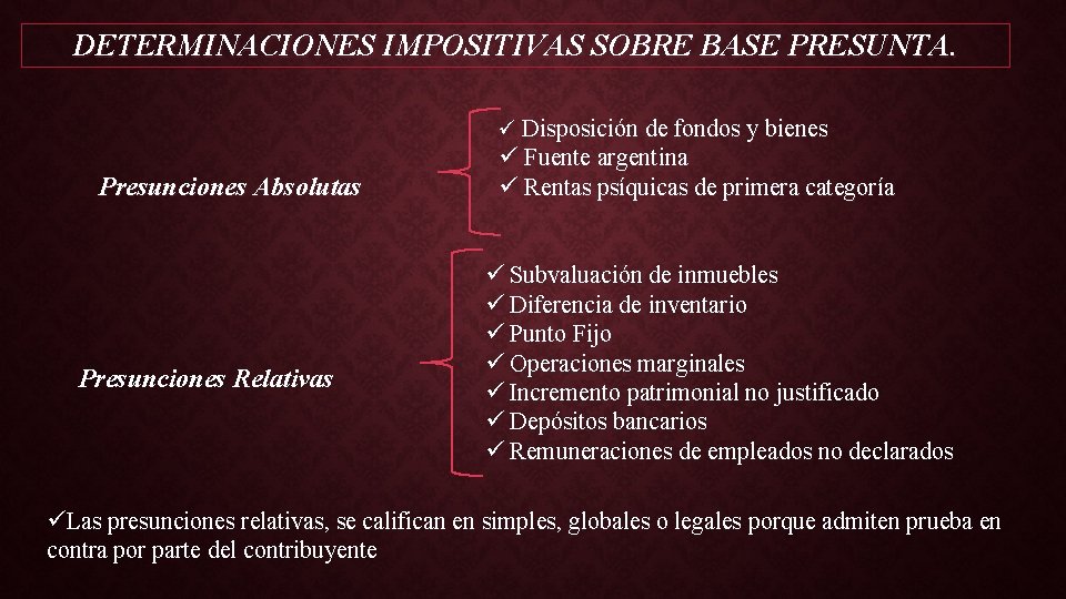 DETERMINACIONES IMPOSITIVAS SOBRE BASE PRESUNTA. ü Disposición de fondos y bienes Presunciones Absolutas Presunciones