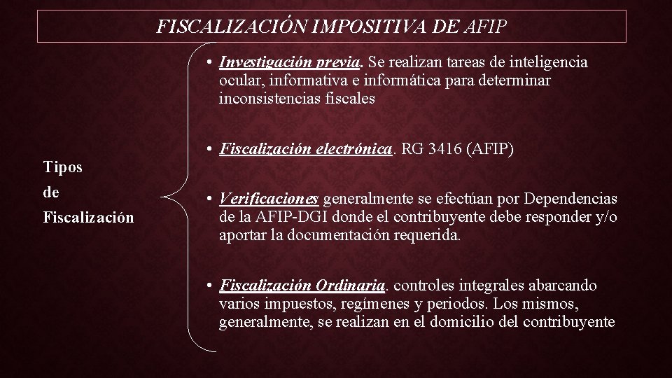 FISCALIZACIÓN IMPOSITIVA DE AFIP • Investigación previa. Se realizan tareas de inteligencia ocular, informativa