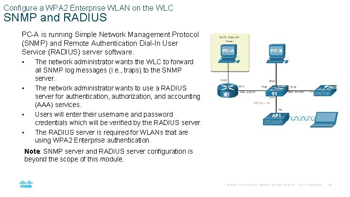 Configure a WPA 2 Enterprise WLAN on the WLC SNMP and RADIUS PC-A is