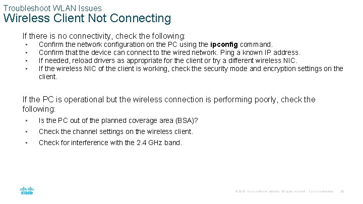 Troubleshoot WLAN Issues Wireless Client Not Connecting If there is no connectivity, check the