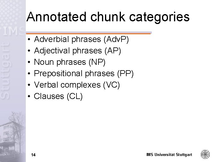 Annotated chunk categories • • • Adverbial phrases (Adv. P) Adjectival phrases (AP) Noun