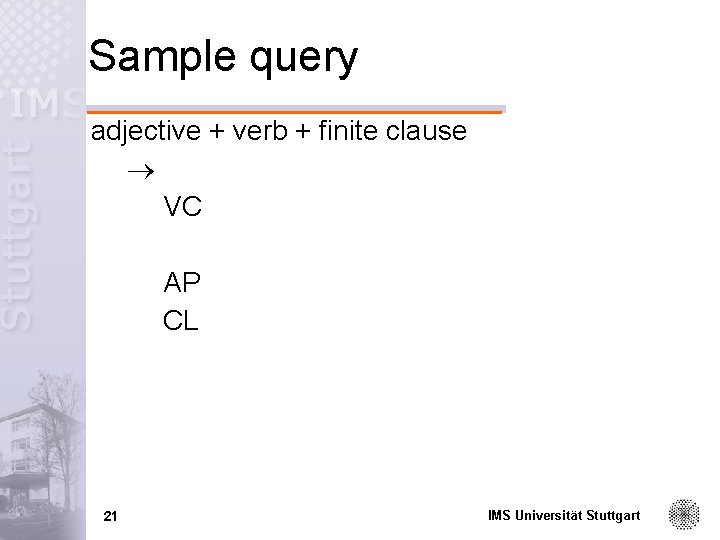 Sample query adjective + verb + finite clause VC AP CL 21 IMS Universität