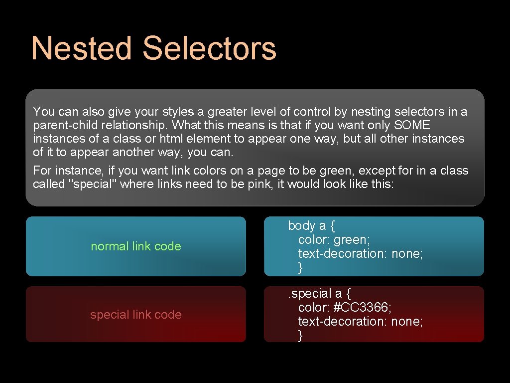 Nested Selectors You can also give your styles a greater level of control by