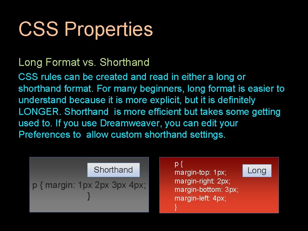 CSS Properties Long Format vs. Shorthand CSS rules can be created and read in