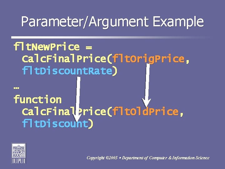 Parameter/Argument Example flt. New. Price = Calc. Final. Price(flt. Orig. Price, flt. Discount. Rate)