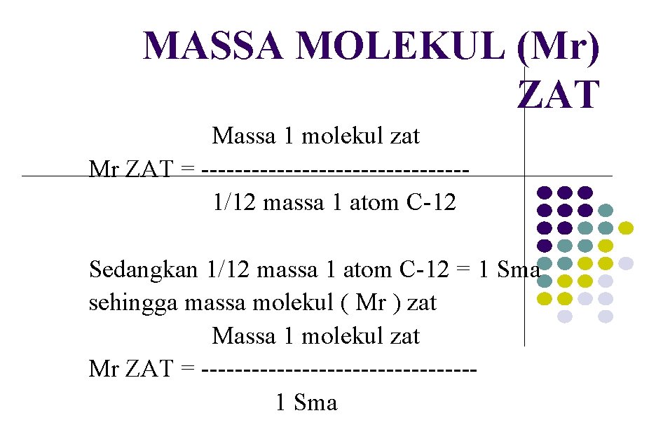MASSA MOLEKUL (Mr) ZAT Massa 1 molekul zat Mr ZAT = ----------------1/12 massa 1