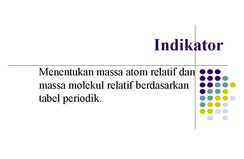 Indikator Menentukan massa atom relatif dan massa molekul relatif berdasarkan tabel periodik. 