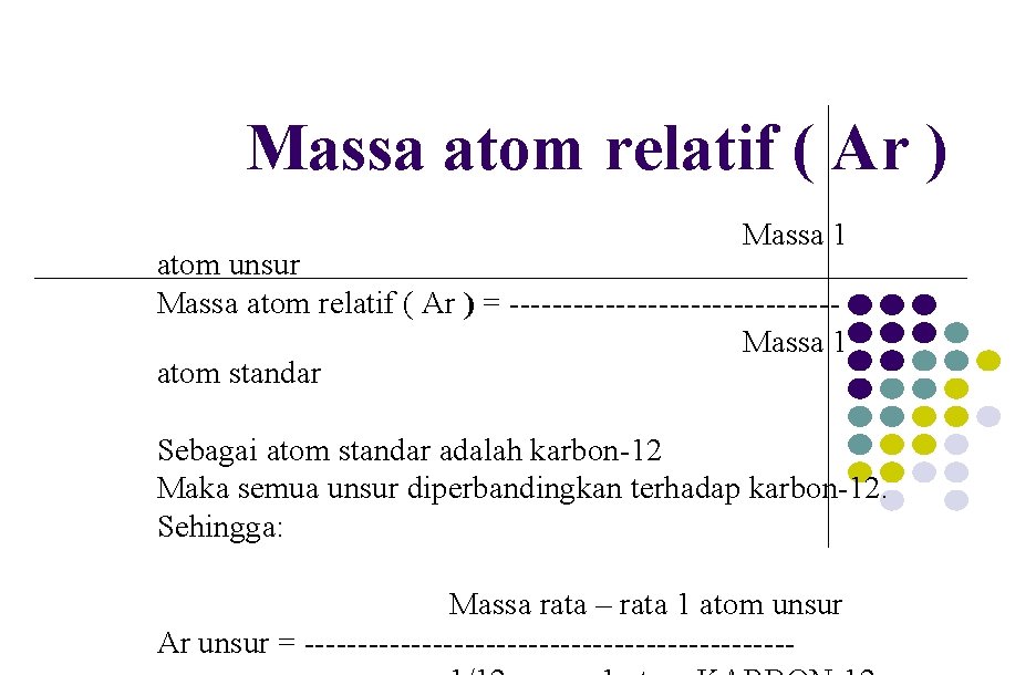 Massa atom relatif ( Ar ) Massa 1 atom unsur Massa atom relatif (